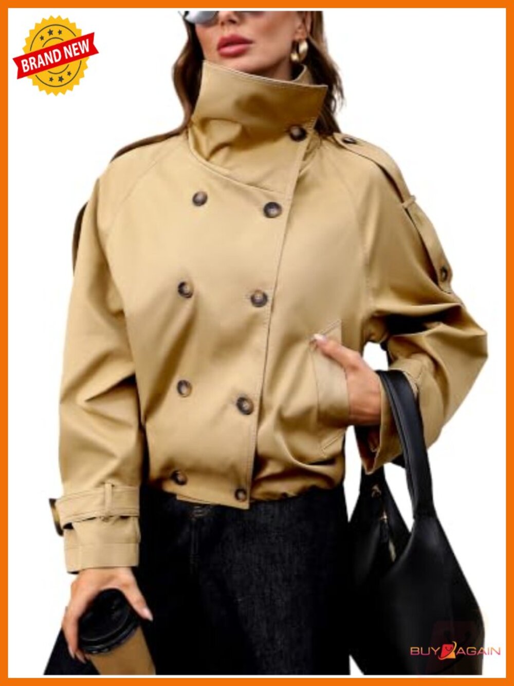 Cropped Trench Coat Funnel Neck Water Resistant Button Pockets